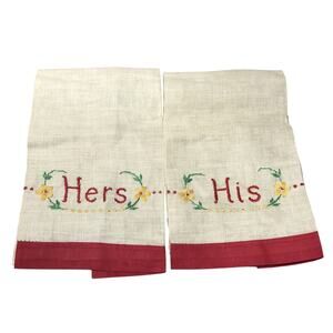 Vintage His & Hers Embroidered Linen Napkins Hand Towels Red Yellow Floral